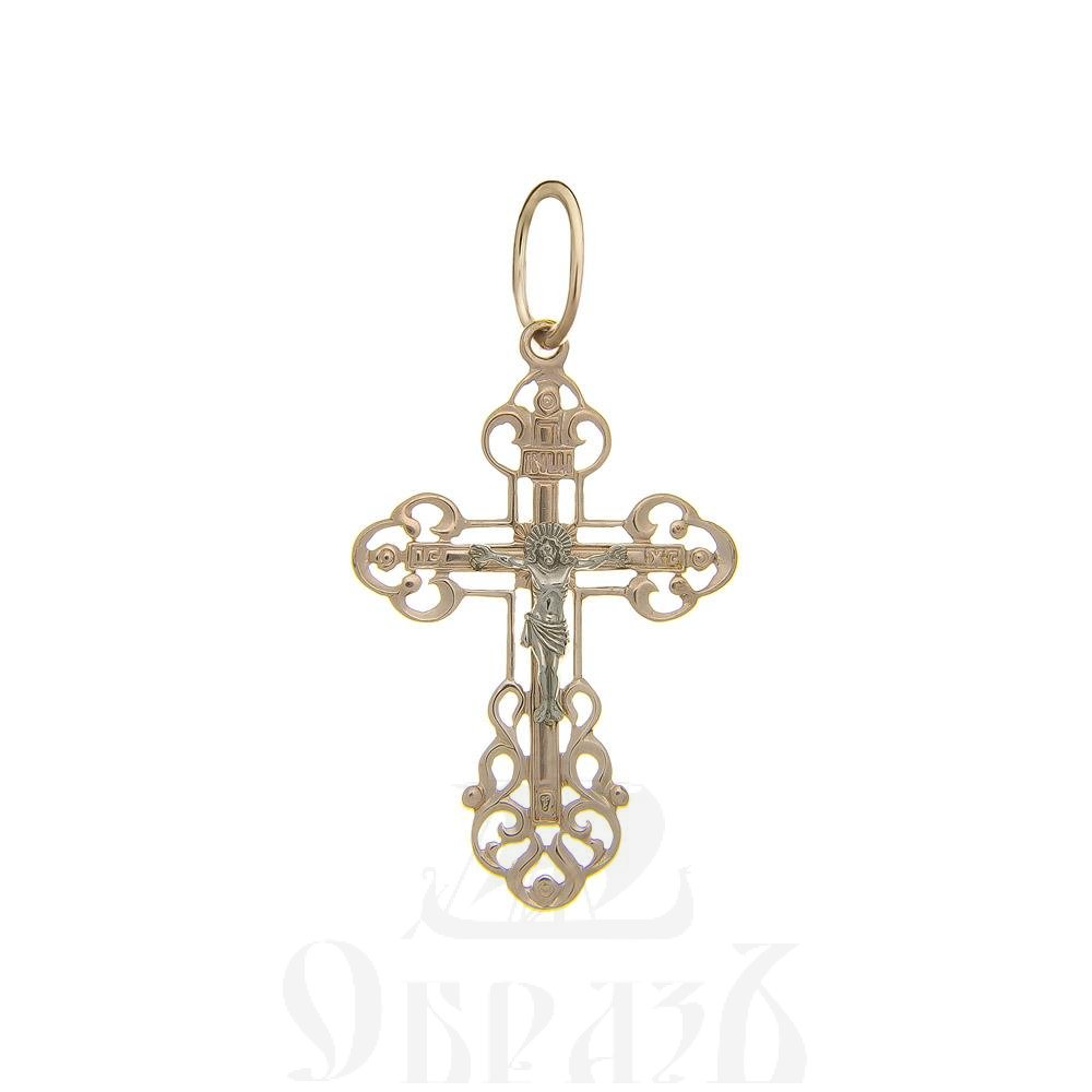 золотой крест трилистник с молитвой "спаси и сохрани", 585 проба красного и белого цвета (арт. п10023-з5кб)
